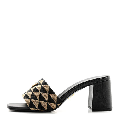 Prada Jacquard Trianglolo Symbole Embroidered Metal Triangle Logo 65mm Block Heel Slide Sandals 37 Black Beige 1 of 7