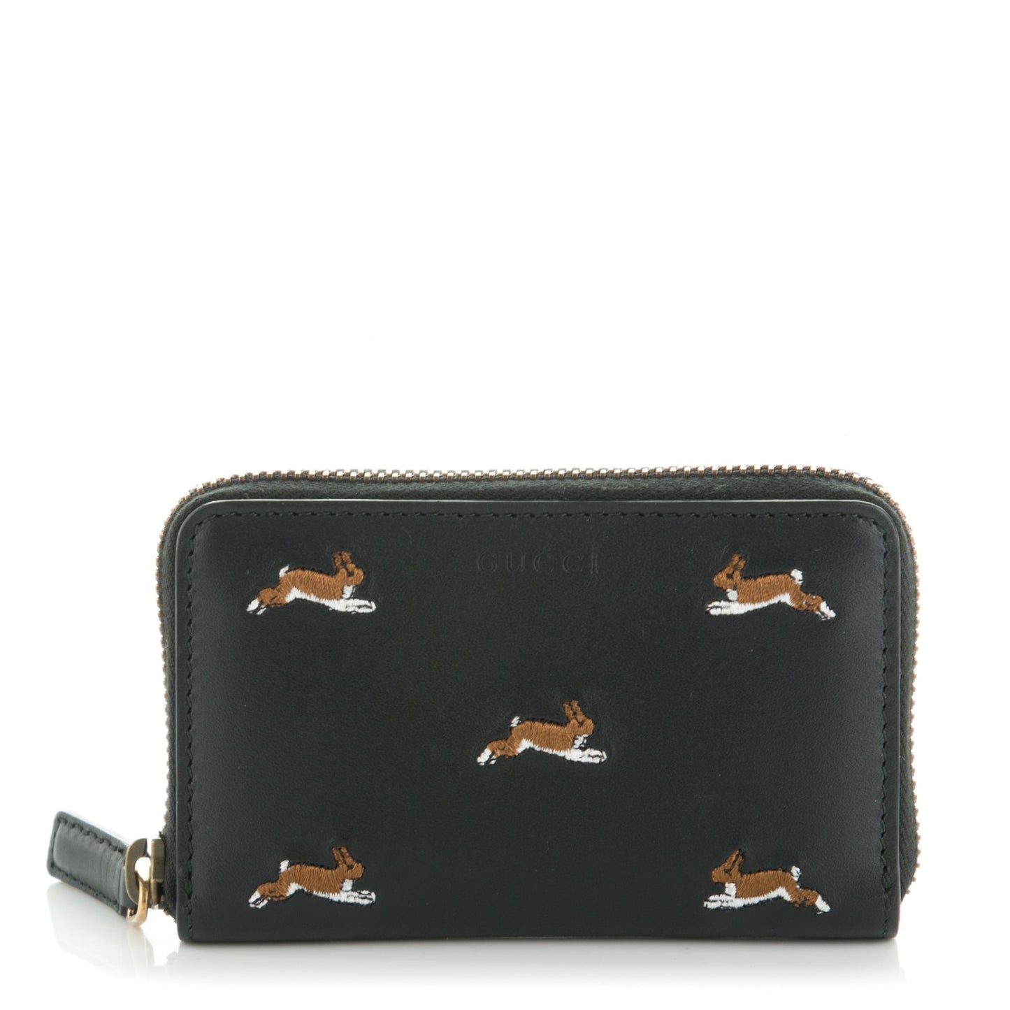 Calfskin Rabbit Embroidered Zip Around Card Case Black