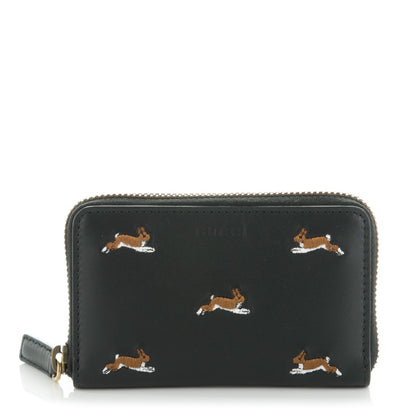 Gucci Calfskin Rabbit Embroidered Zip Around Card Case Black 1 of 6
