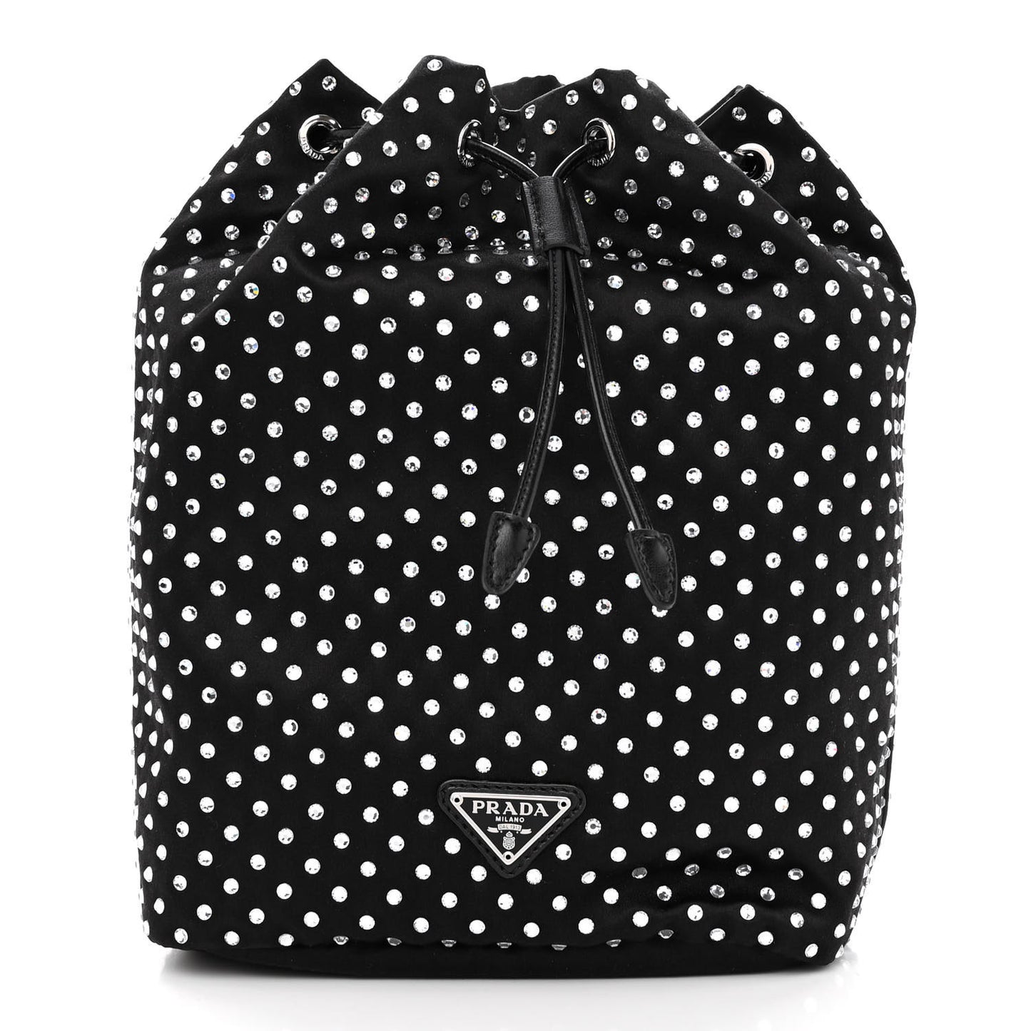 Satin Crystal Metal Triangle Logo Drawstring Pouch Cristal