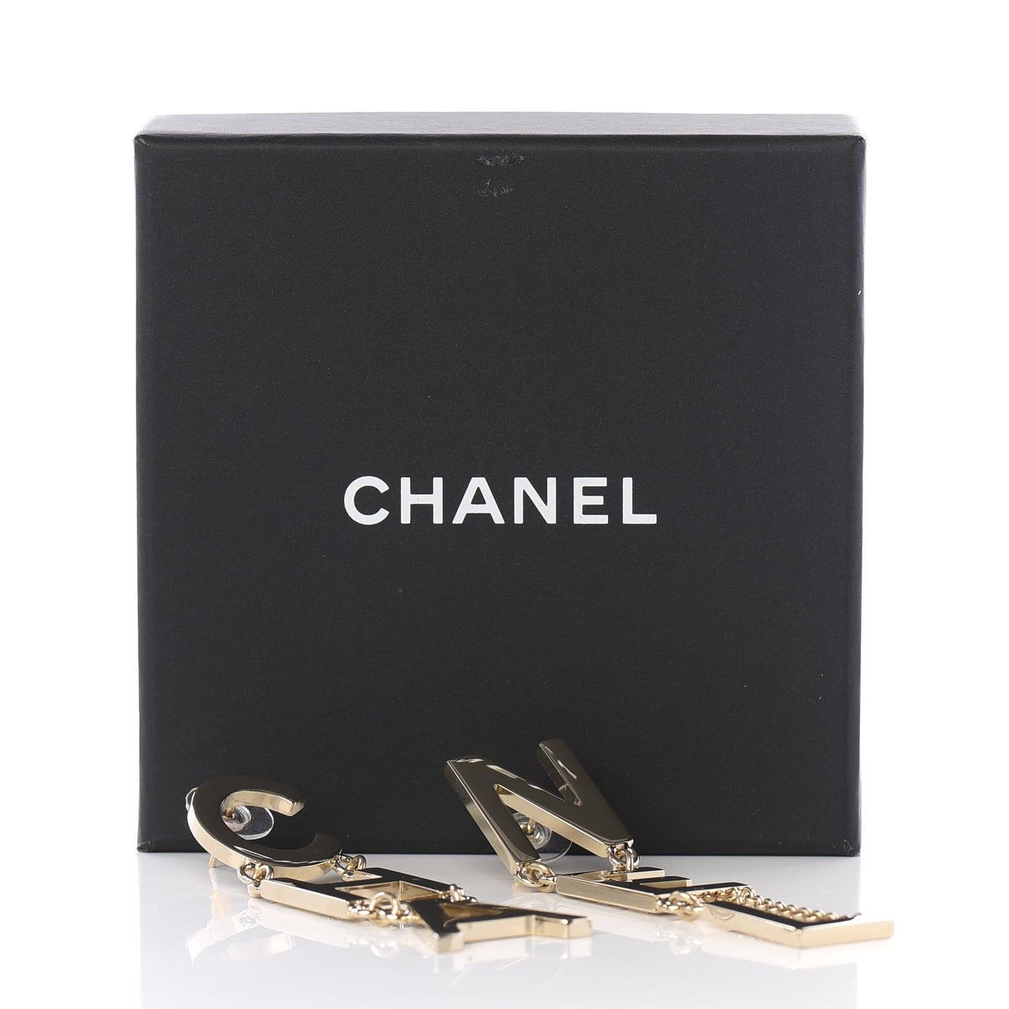 Metal Cha-Nel Logo Drop Earrings Gold