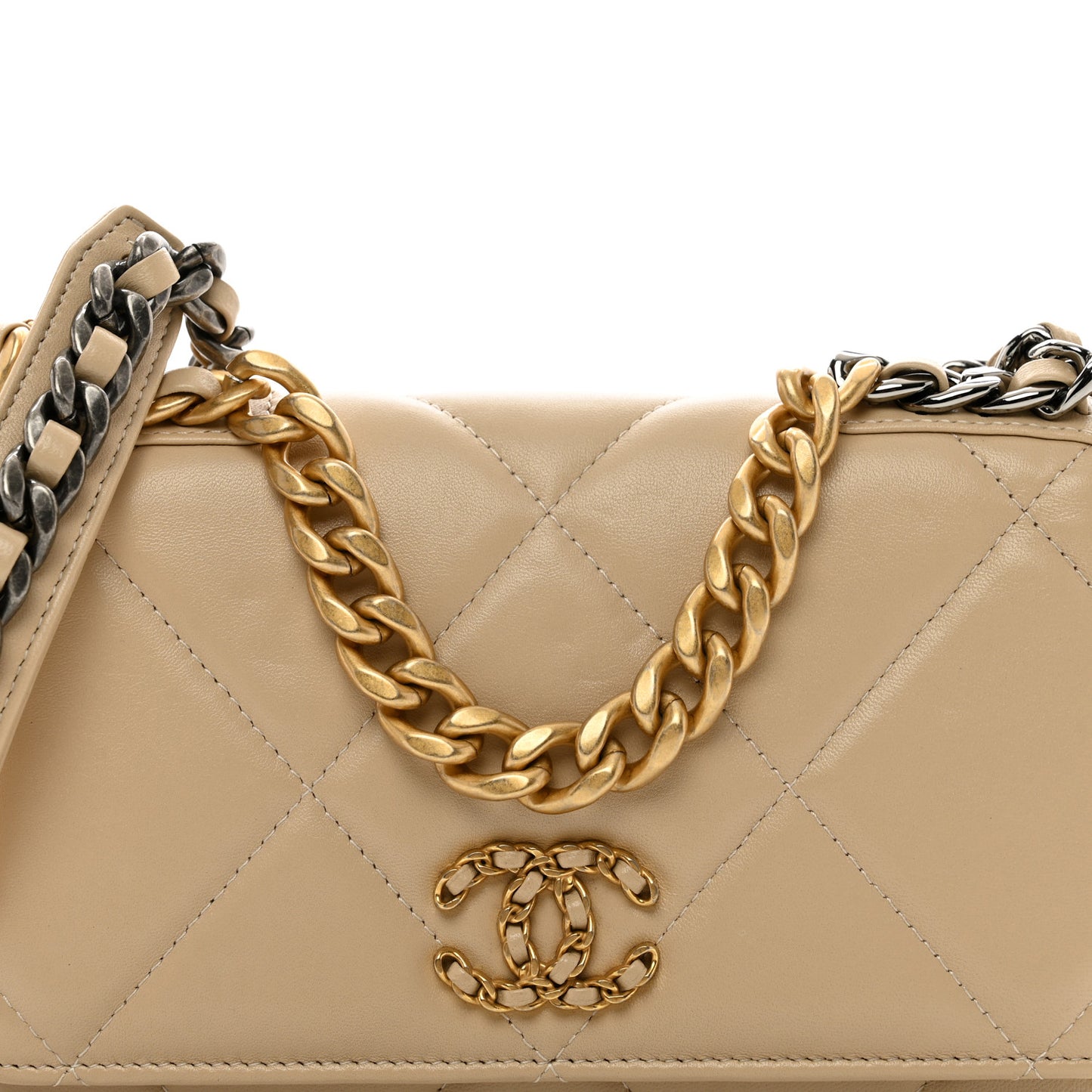 Lambskin Quilted Chanel 19 Wallet On Chain WOC Beige
