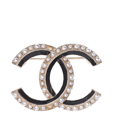 Chanel Pearl Enamel CC Brooch Black Gold 1 of 4