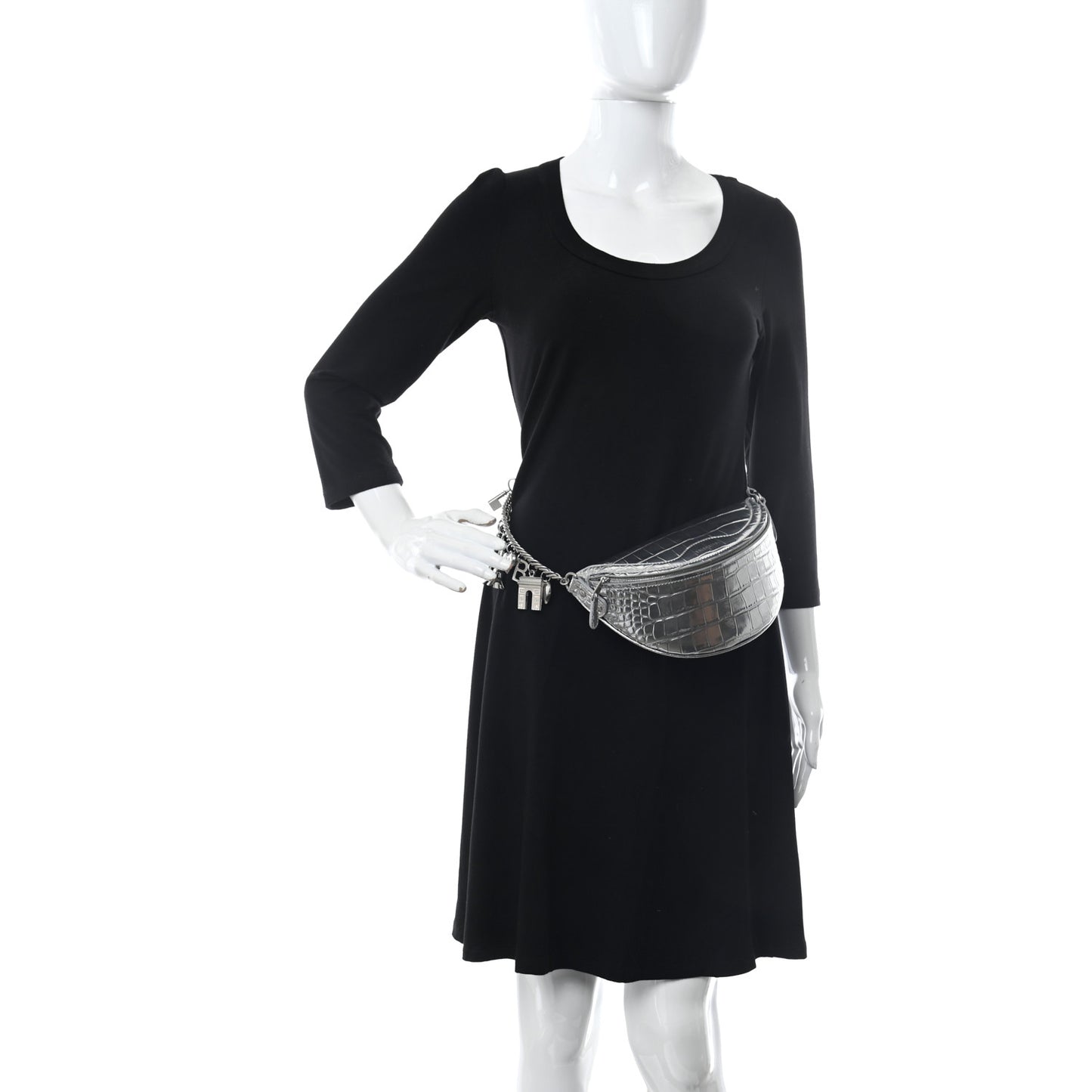 Metallic Calfskin Crocodile Embossed Quilted Souveniers Charms Belt Bag Silver