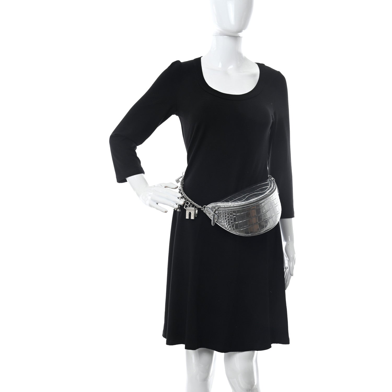 Balenciaga Metallic Calfskin Crocodile Embossed Quilted Souveniers Charms Belt Bag Silver 2 of 9