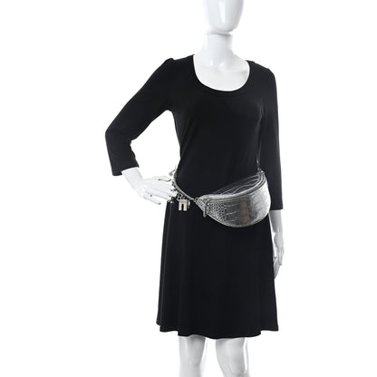 Balenciaga Metallic Calfskin Crocodile Embossed Quilted Souveniers Charms Belt Bag Silver 2 of 9