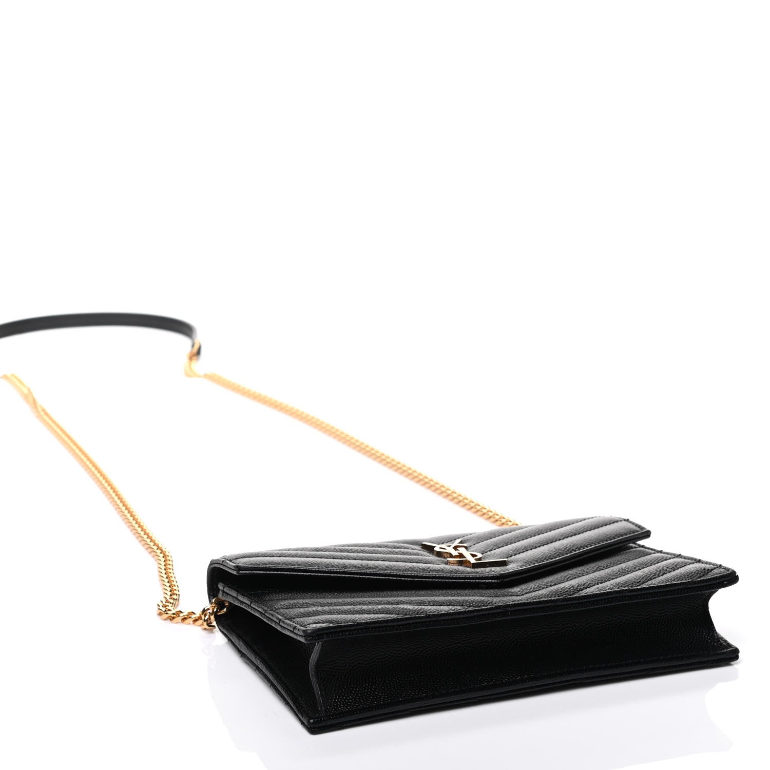 Saint Laurent Grain De Poudre Matelasse Chevron Monogram Envelope Chain Wallet Black 3 of 4