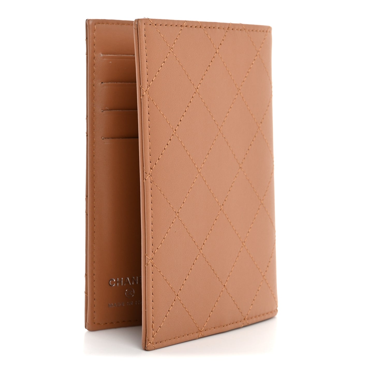 Calfskin Quilted Passport Holder Wallet Brown
