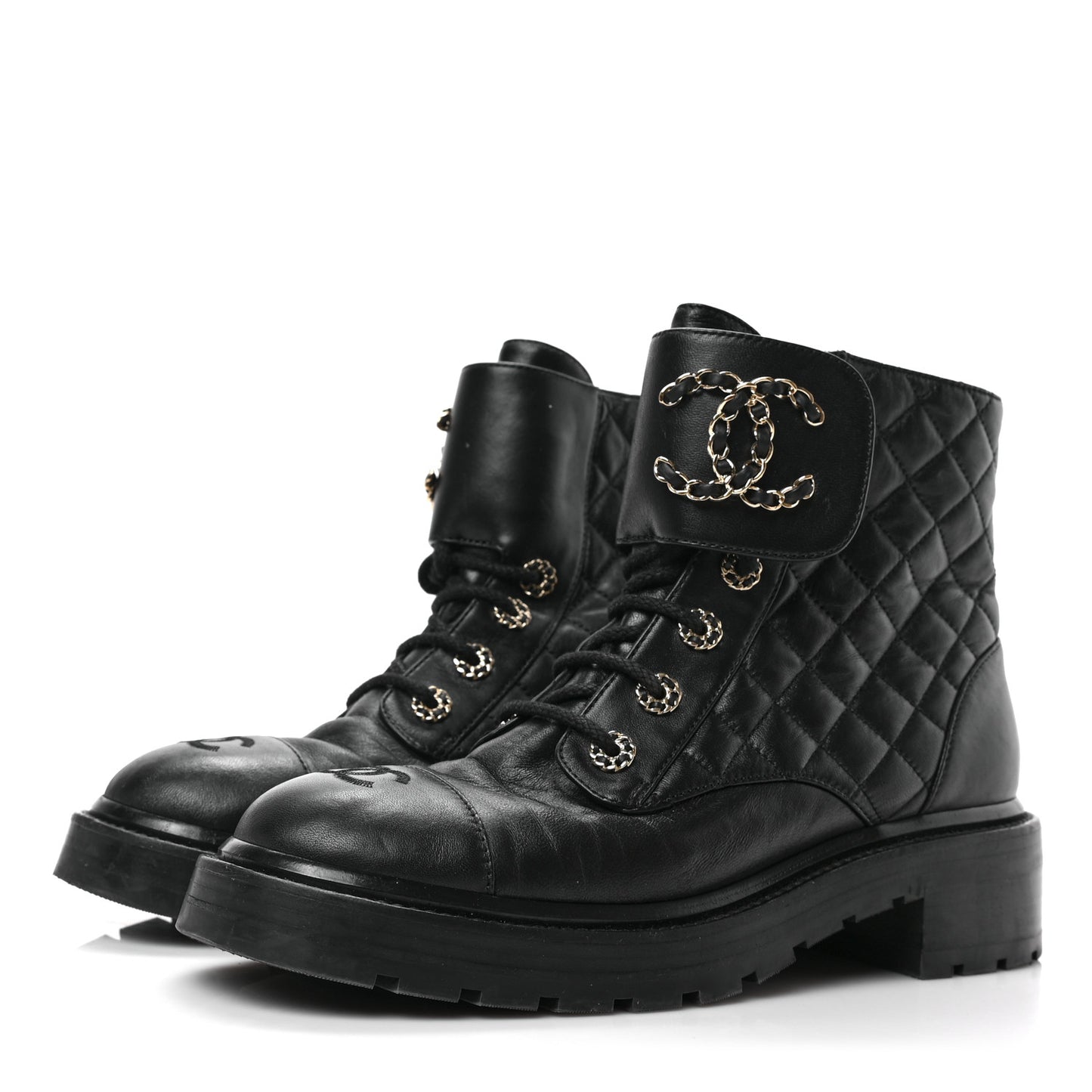 Shiny Lambskin Quilted Lace Up Combat Boots 40 Black