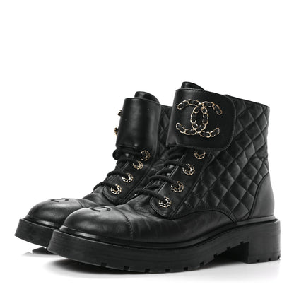Chanel Shiny Lambskin Quilted Lace Up Combat Boots 40 Black 3 of 6