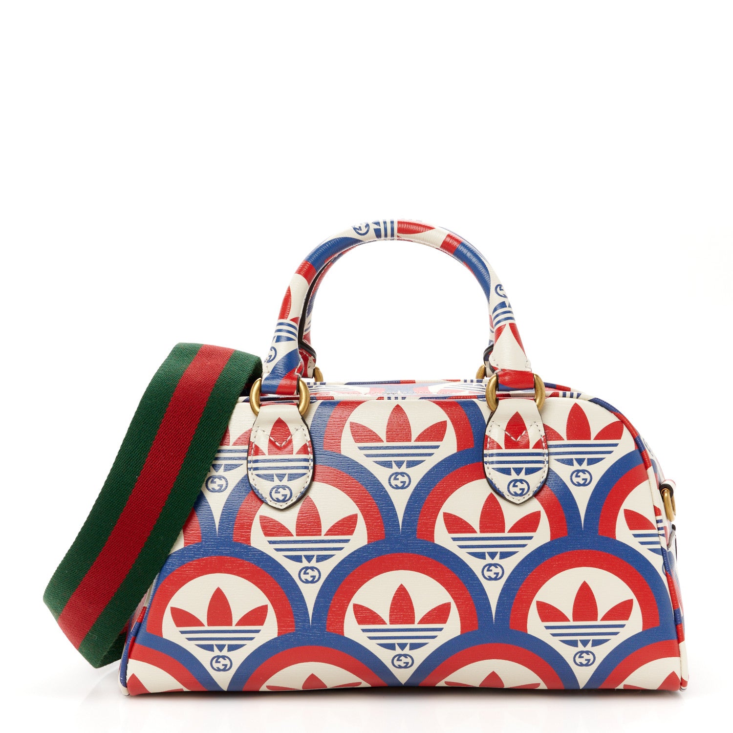 Gucci X ADIDAS Shangai Calfskin Web Trefoil Interlocking G Mini Duffle Bag Red White Blue 1 of 10