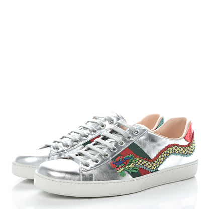 Gucci Metallic Nappa Ayers Web Dragon Embroidered Mens New Ace Sneakers 11 Silver 3 of 10