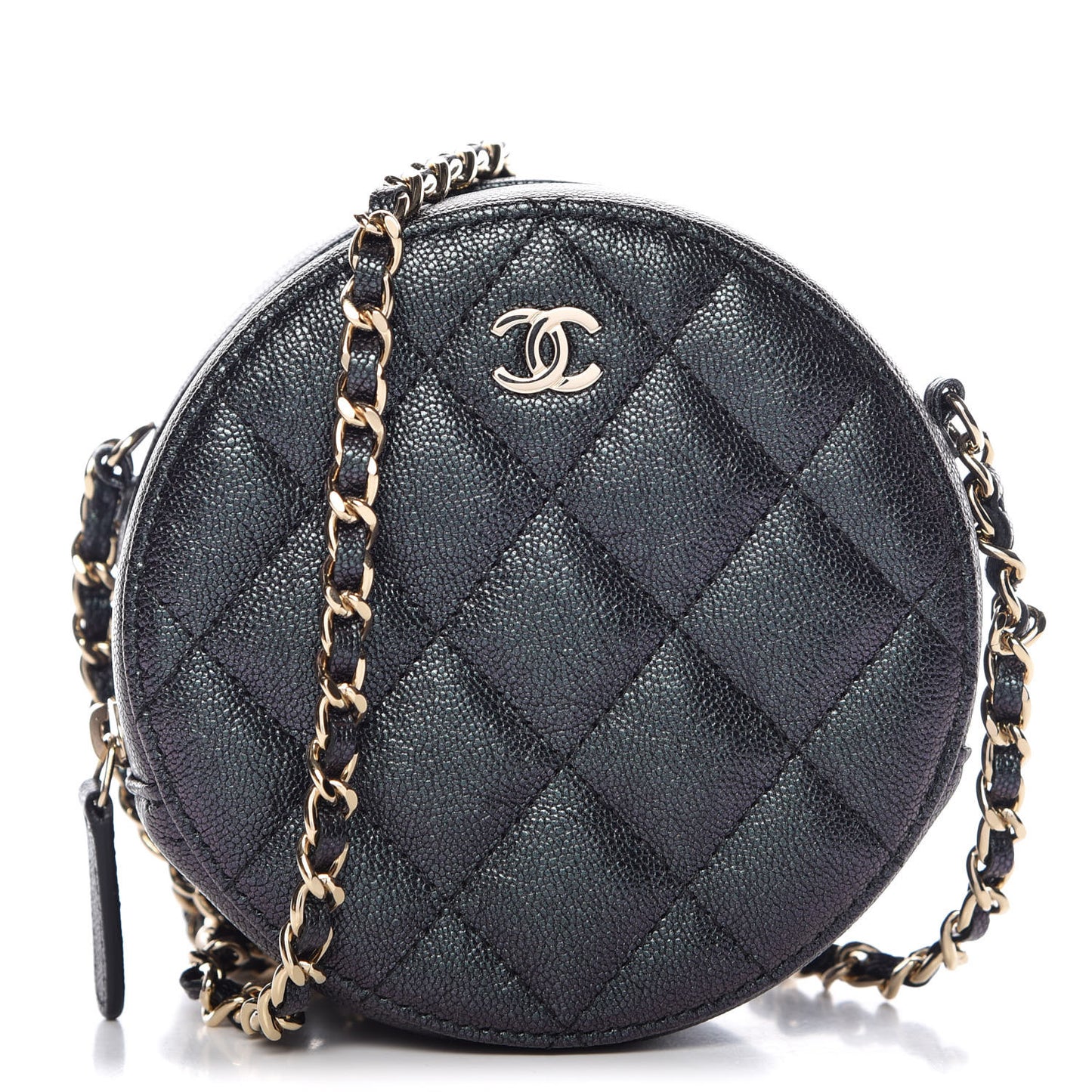 Iridescent Caviar Quilted Round Clutch With Chain Black