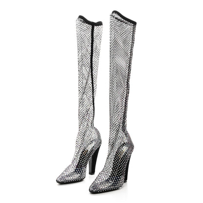 Saint Laurent Mesh Crystal Koller 100 Knee High Boots 37.5 Black 3 of 8