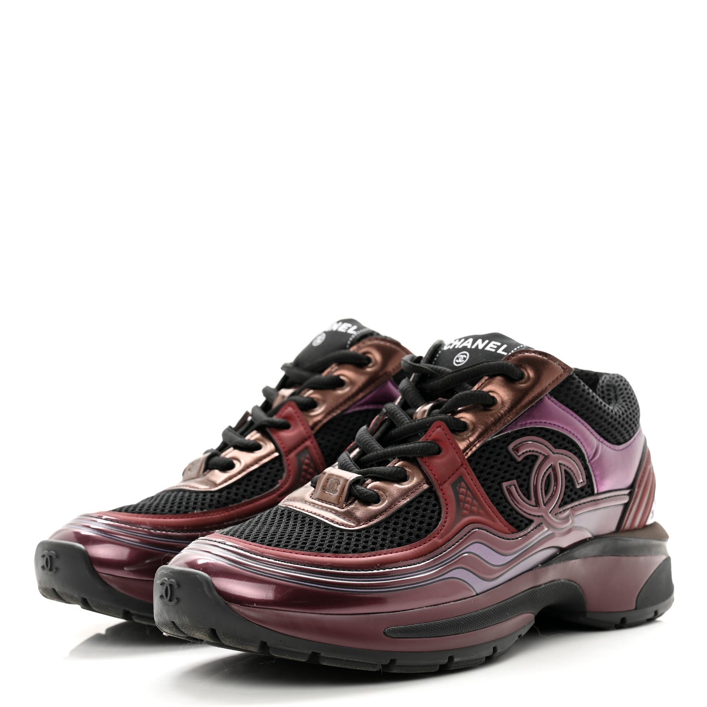 Fabric Laminated Calfskin Stretch CC Womens Sneakers 37 Black Dark Purple Burgundy