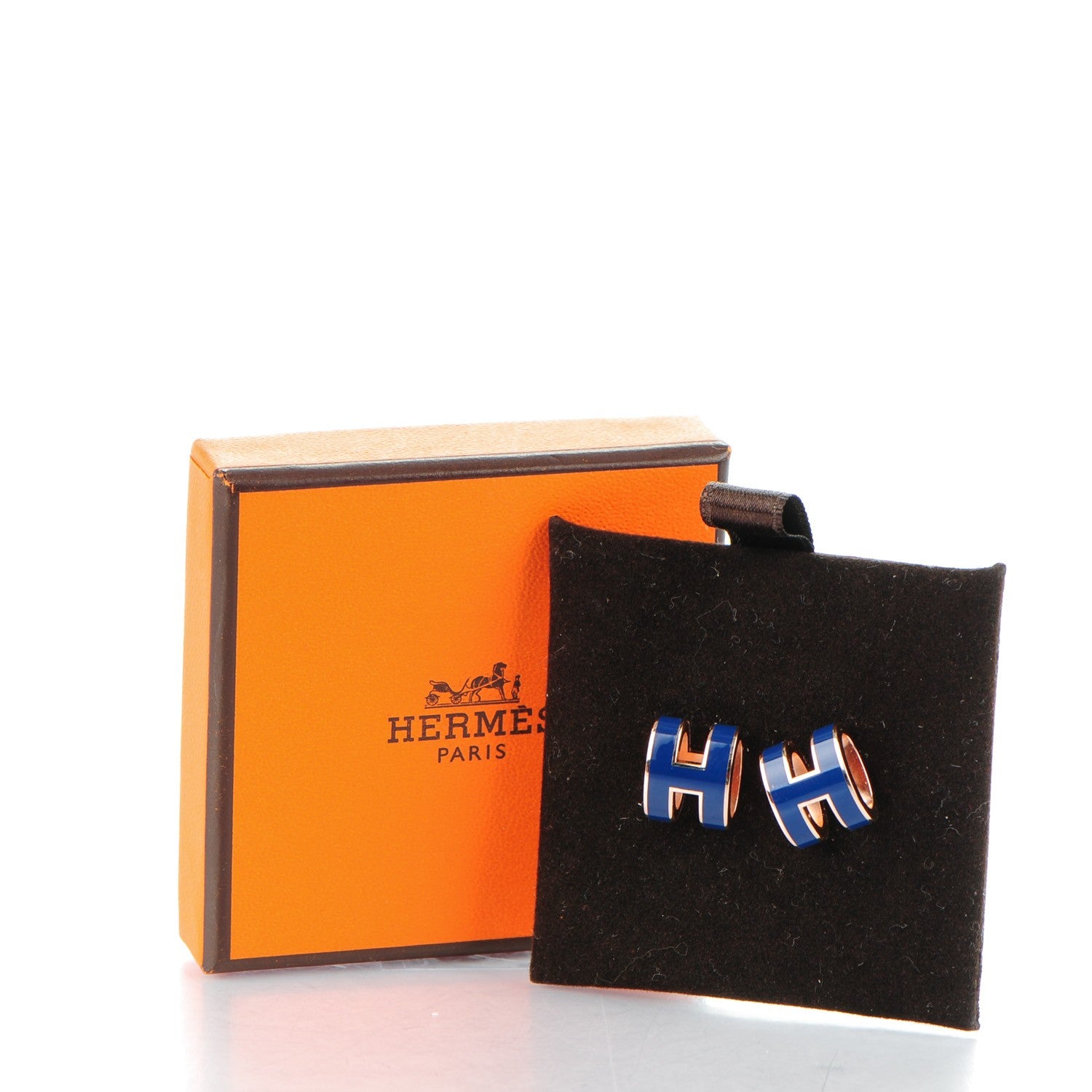 HERMES ピアス(ブルー、ネイビー) Hermes Rose Gold Lacquered Pop H Earrings Navy Bleu 157180