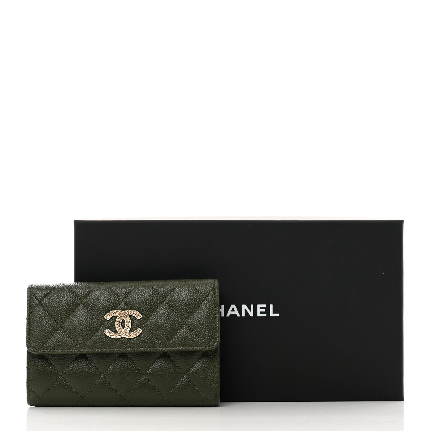 Caviar Quilted Multi Chain CC Medium Tri-Fold Flap Wallet Khaki
