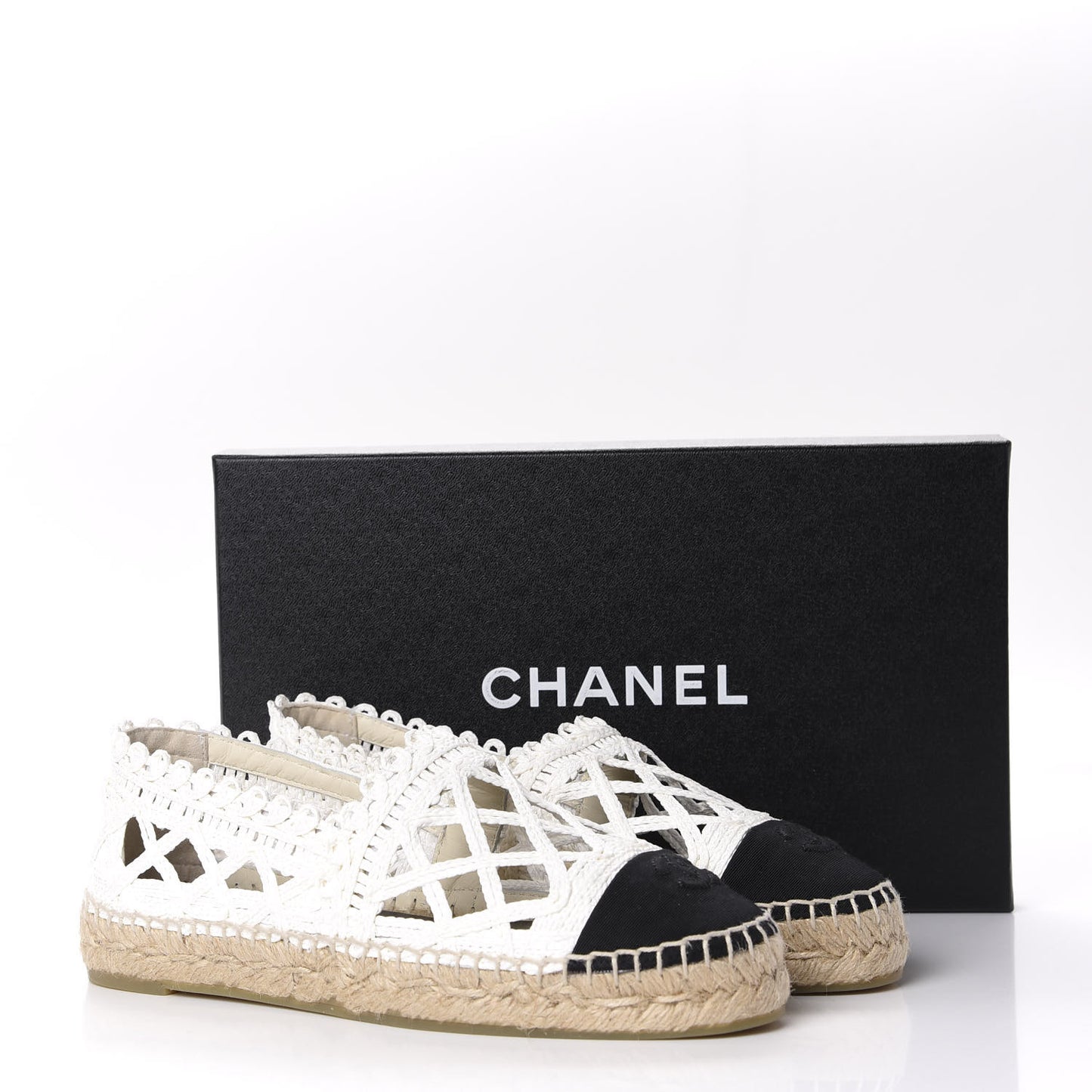 Woven Fabric Grosgrain CC Espadrilles 38 White Black