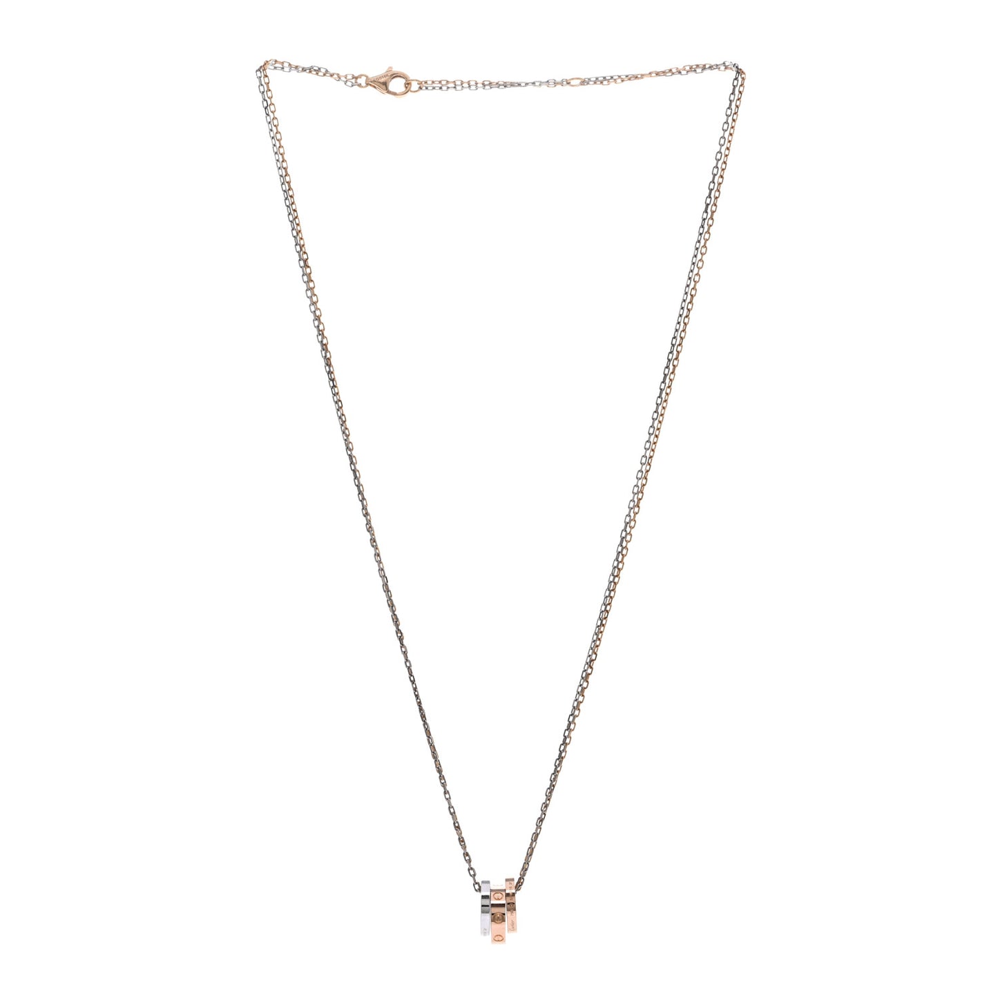 18K White Pink Gold Diamond Three Ring LOVE Pendant Necklace