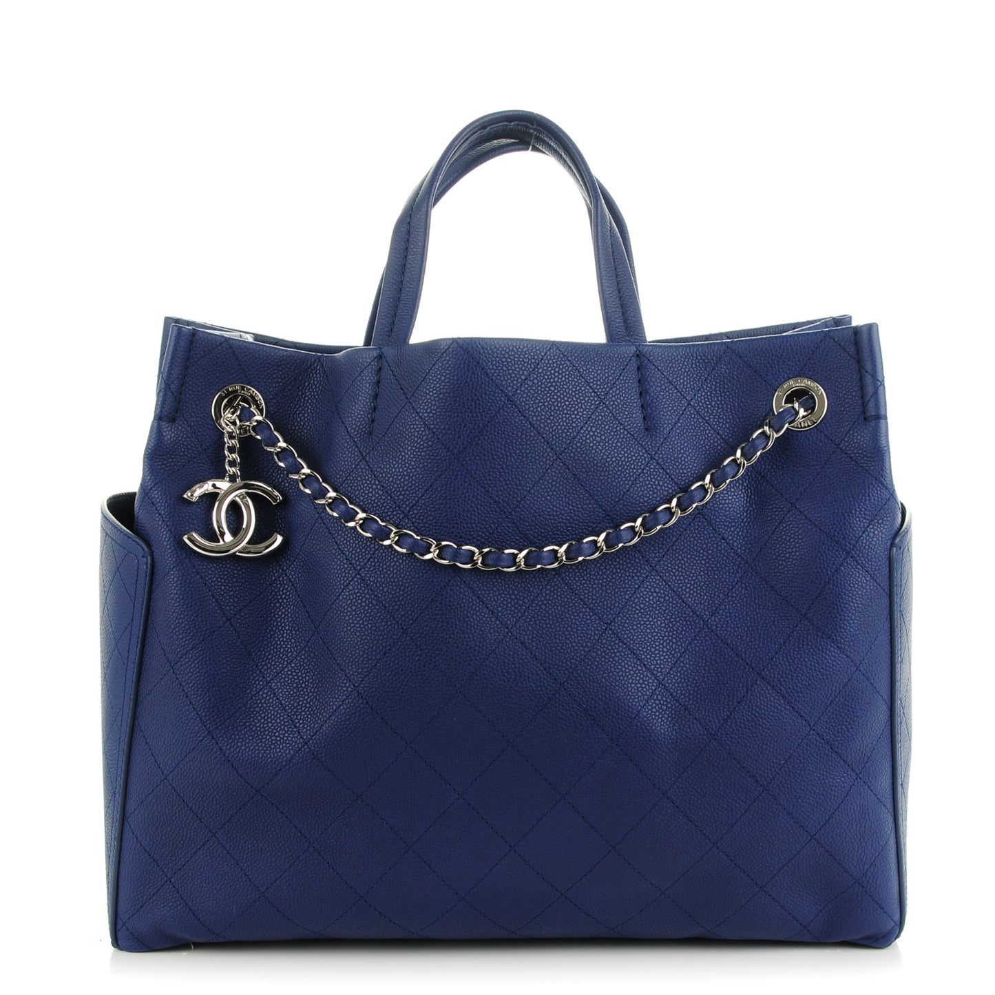 Grained Calfskin CC Pocket Tote Navy Blue