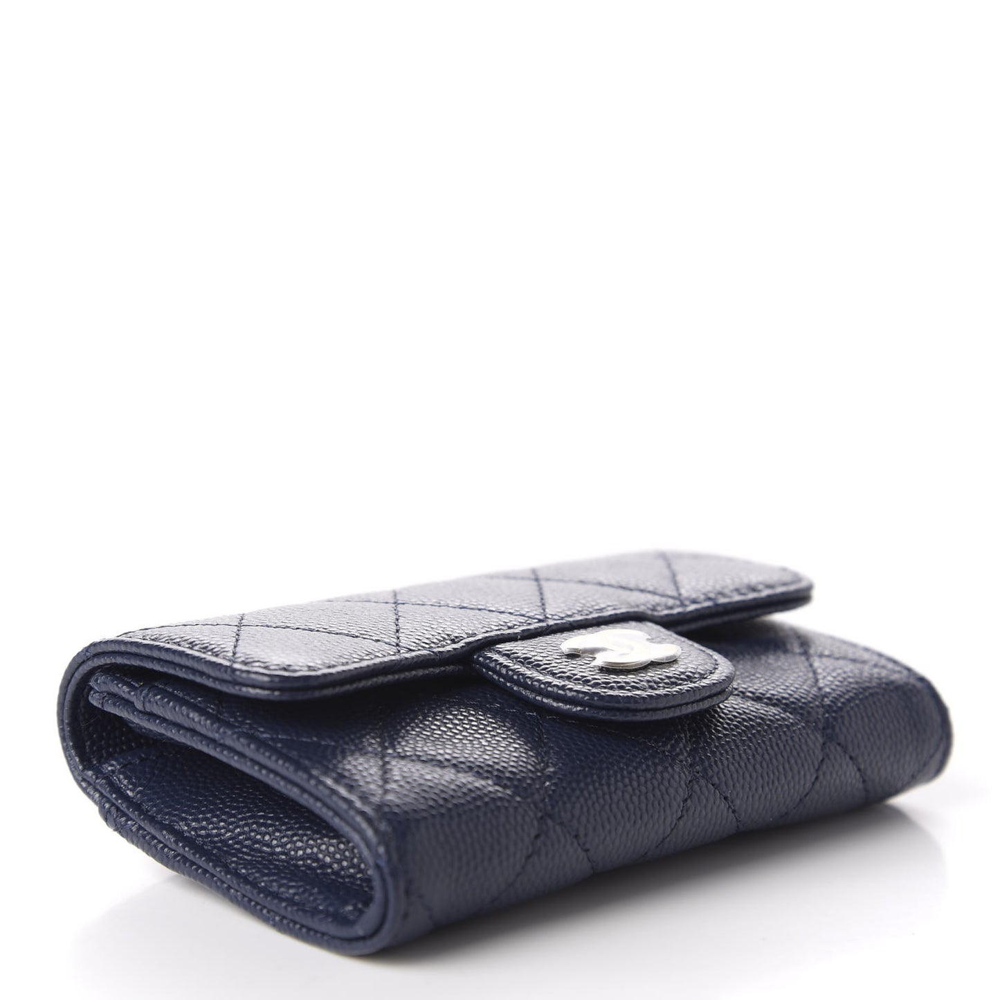 Caviar Quilted Flap Card Holder Wallet Navy Blue