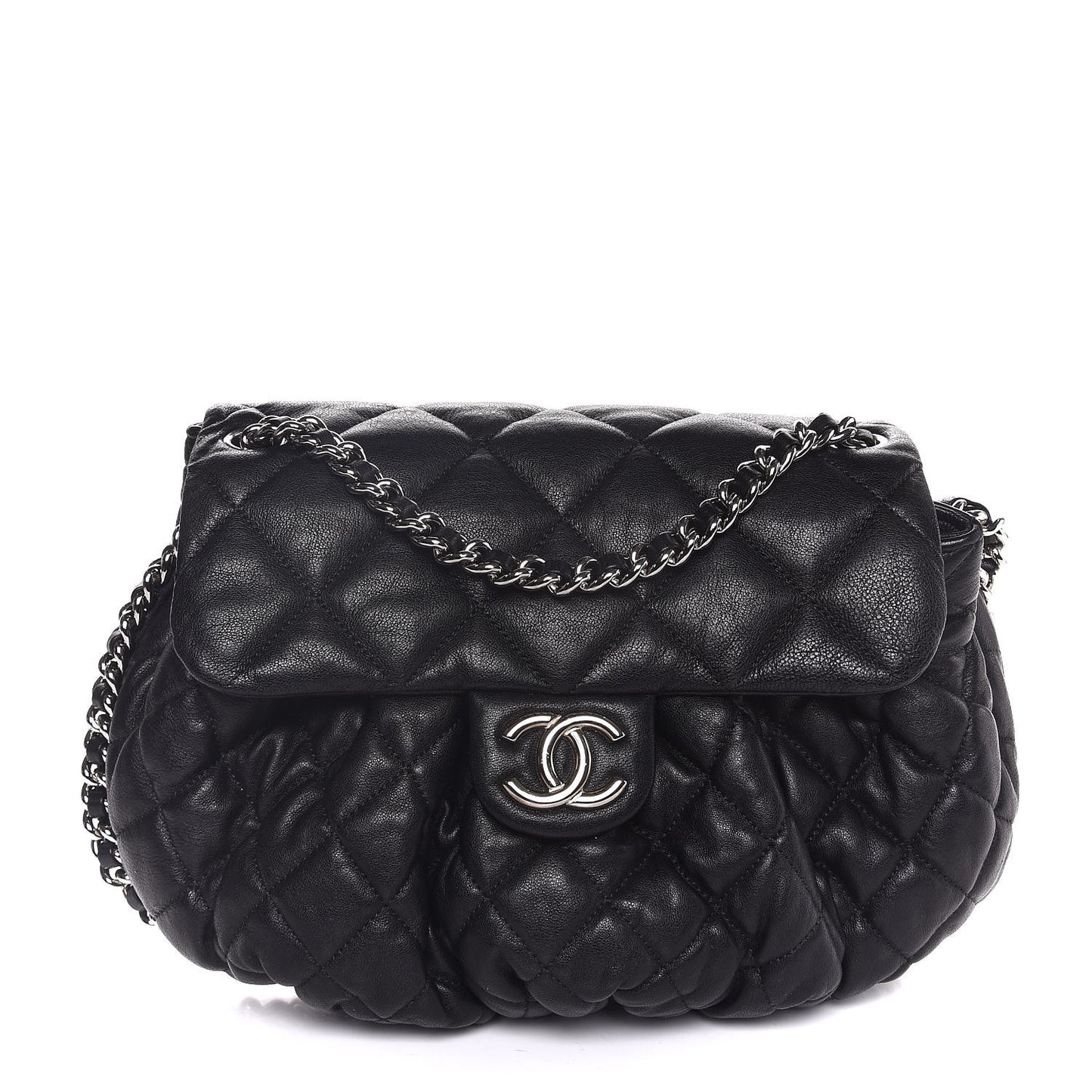 Washed Lambskin Quilted Medium Chain Around Messenger Black