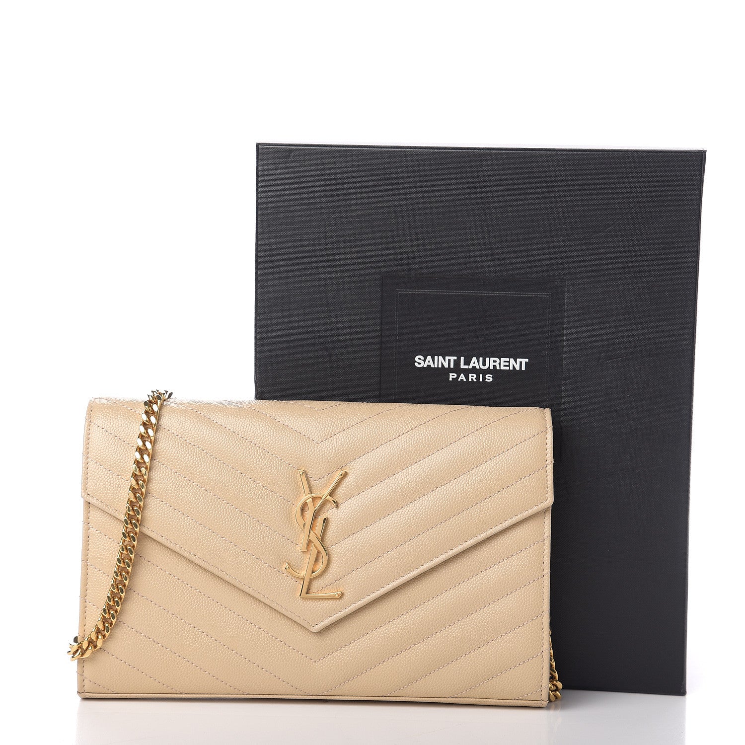 Saint Laurent Grain De Poudre Matelasse Chevron Monogram Chain Wallet Nude Powder 10 of 10