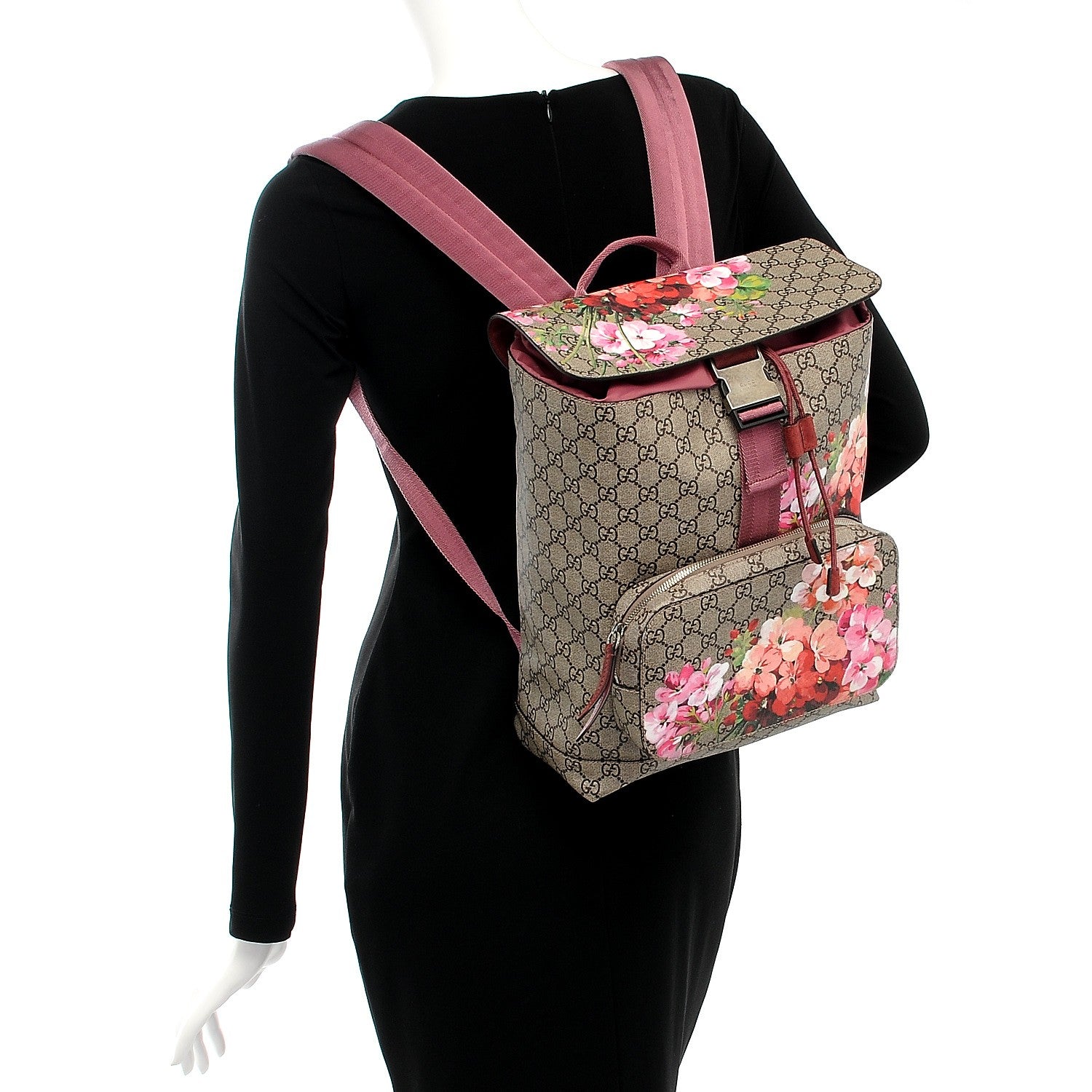 Gucci GG Supreme Monogram Blooms Medium Single Buckle Backpack Beige Multicolor Dry Rose 2 of 8