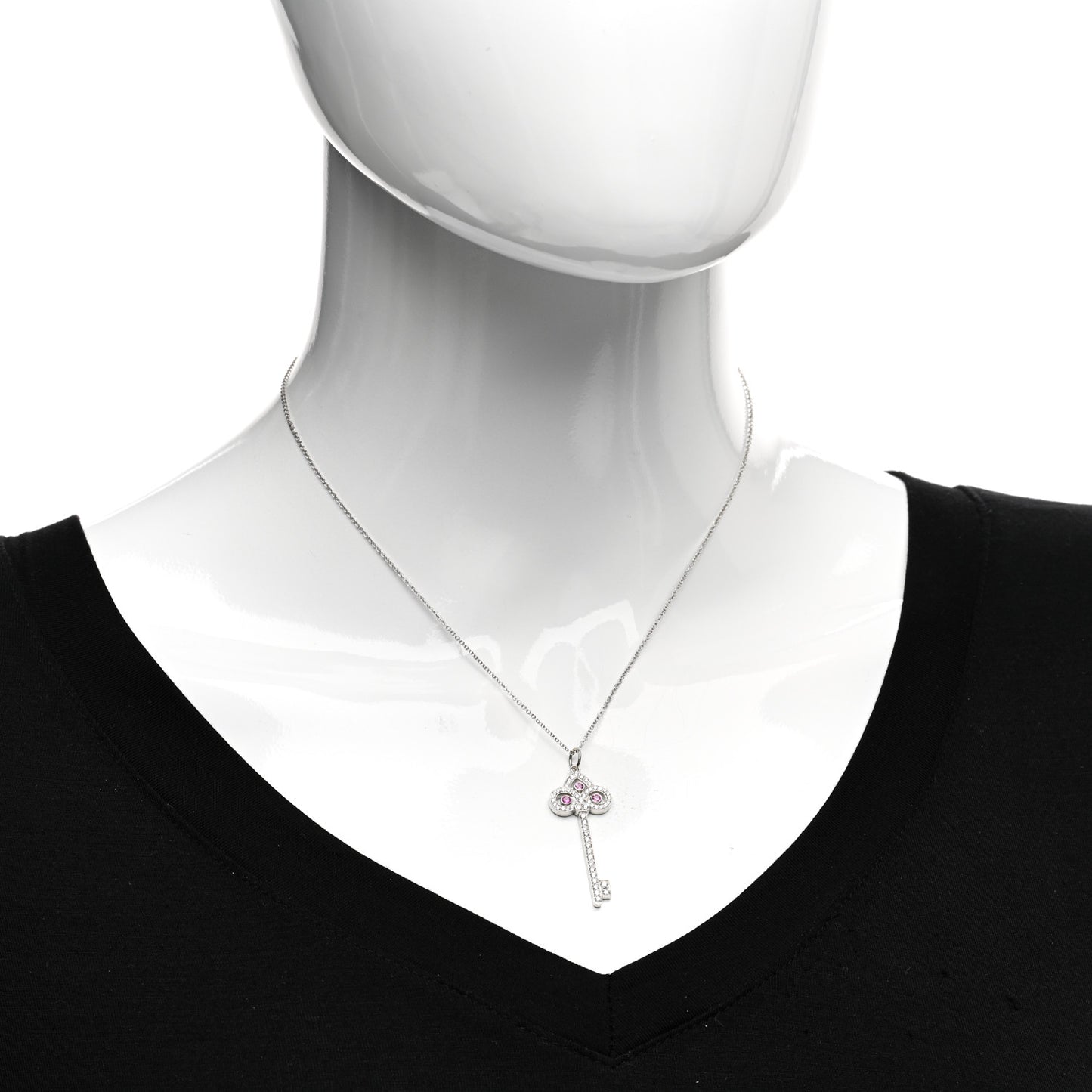 Platinum Diamond Pink Sapphire Fleur De Lis Key Pendant Necklace