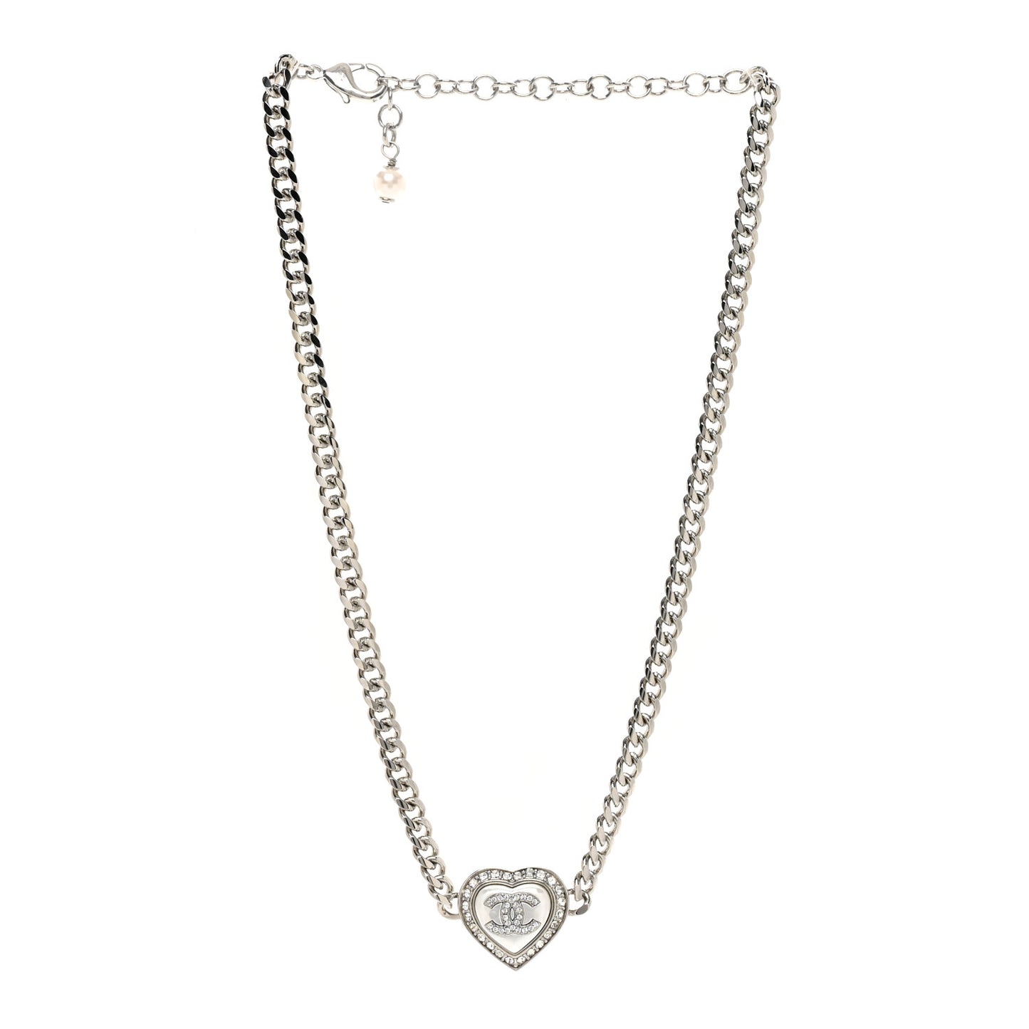 Crystal Pearl CC Heart Necklace Silver