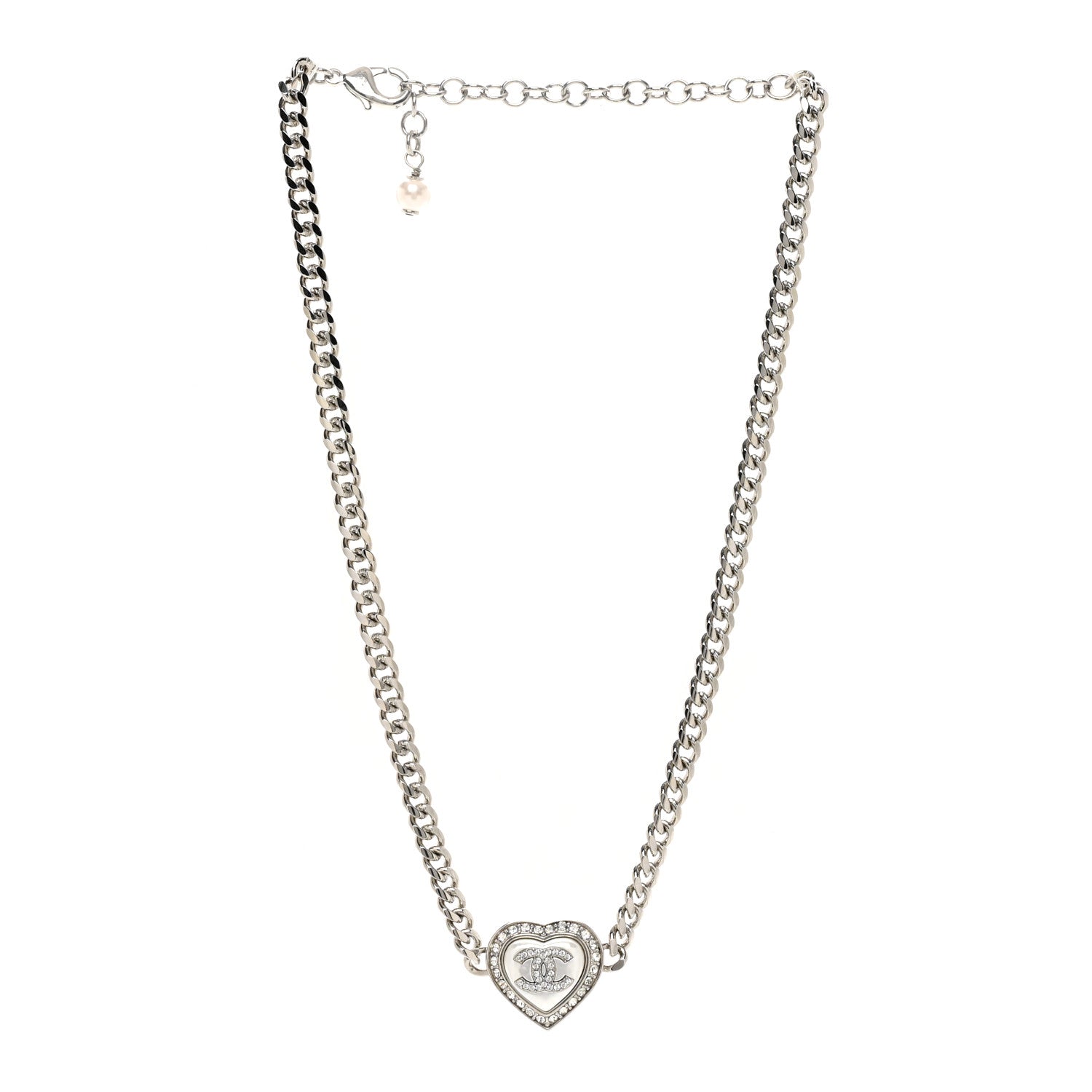 Chanel Crystal Pearl CC Heart Necklace Silver 3 of 4