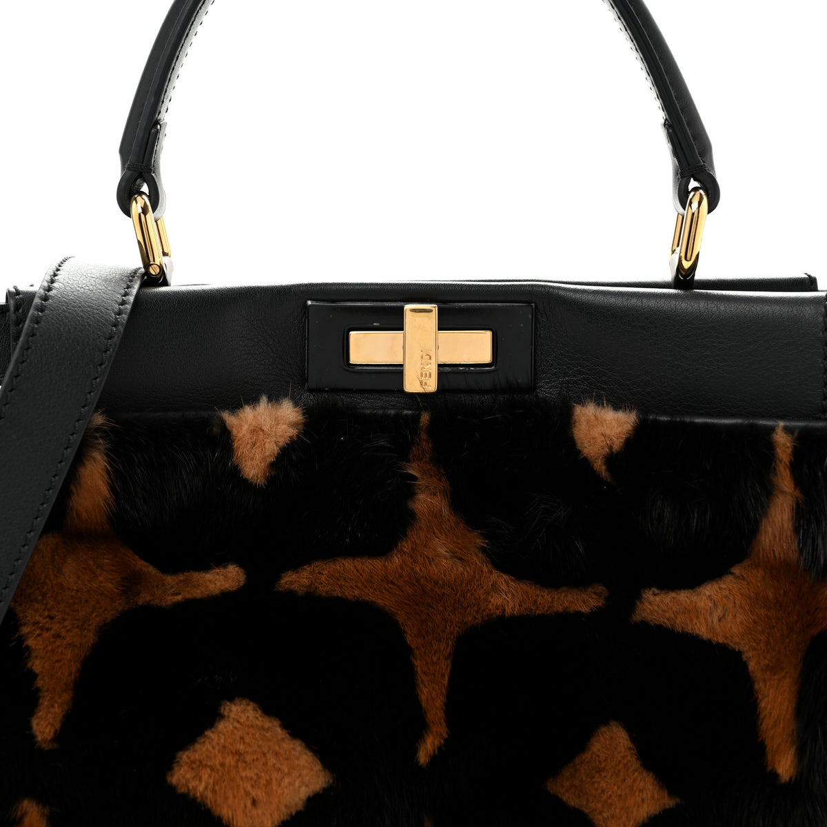 Fendi Mink Velvet Vitello Seta Inlaid Medium Peekaboo Iconic Satchel Tobacco Moro Black 9 of 13