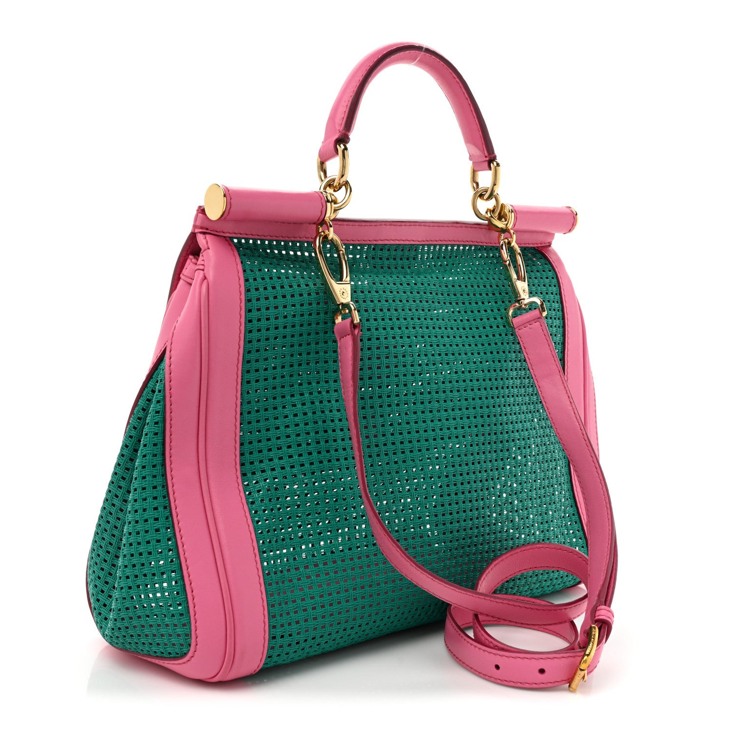 Dolce & Gabbana Woven Raffia Calfskin Large Miss Sicily Satchel Green Pink 4 of 17