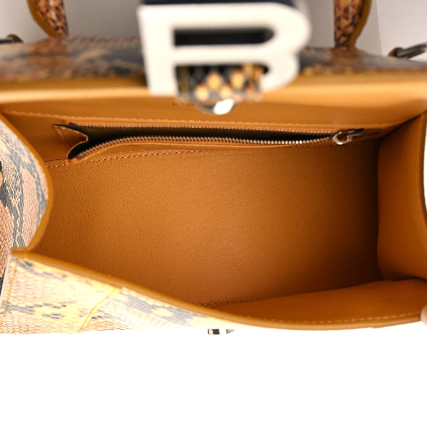 Shiny Calfskin Python Effect Small Hourglass Top Handle Bag Orange Black