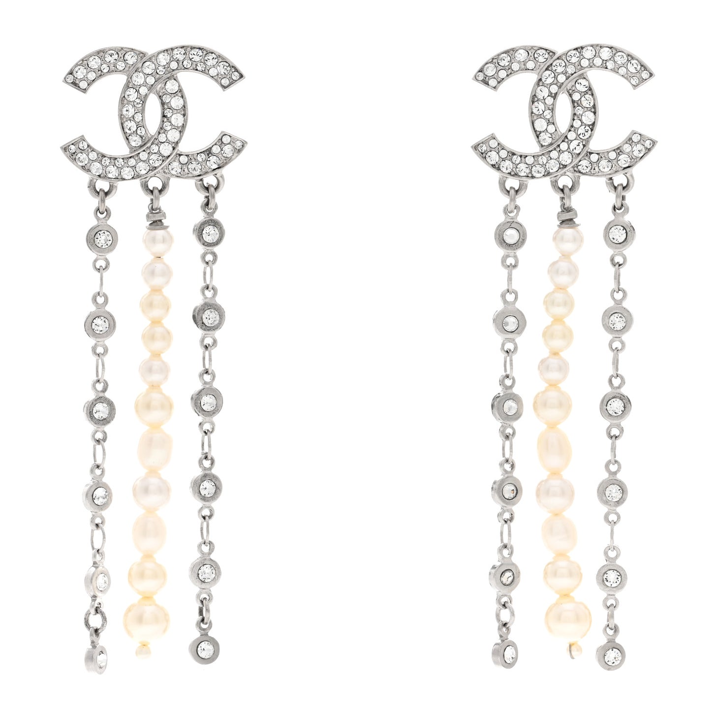 Pearl Crystal CC Chain Drop Earrings Silver