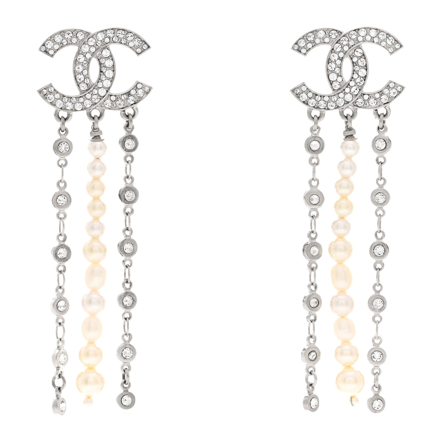 Chanel Pearl Crystal CC Chain Drop Earrings Silver 1 of 8