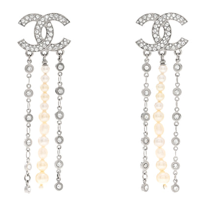 Chanel Pearl Crystal CC Chain Drop Earrings Silver 1 of 8