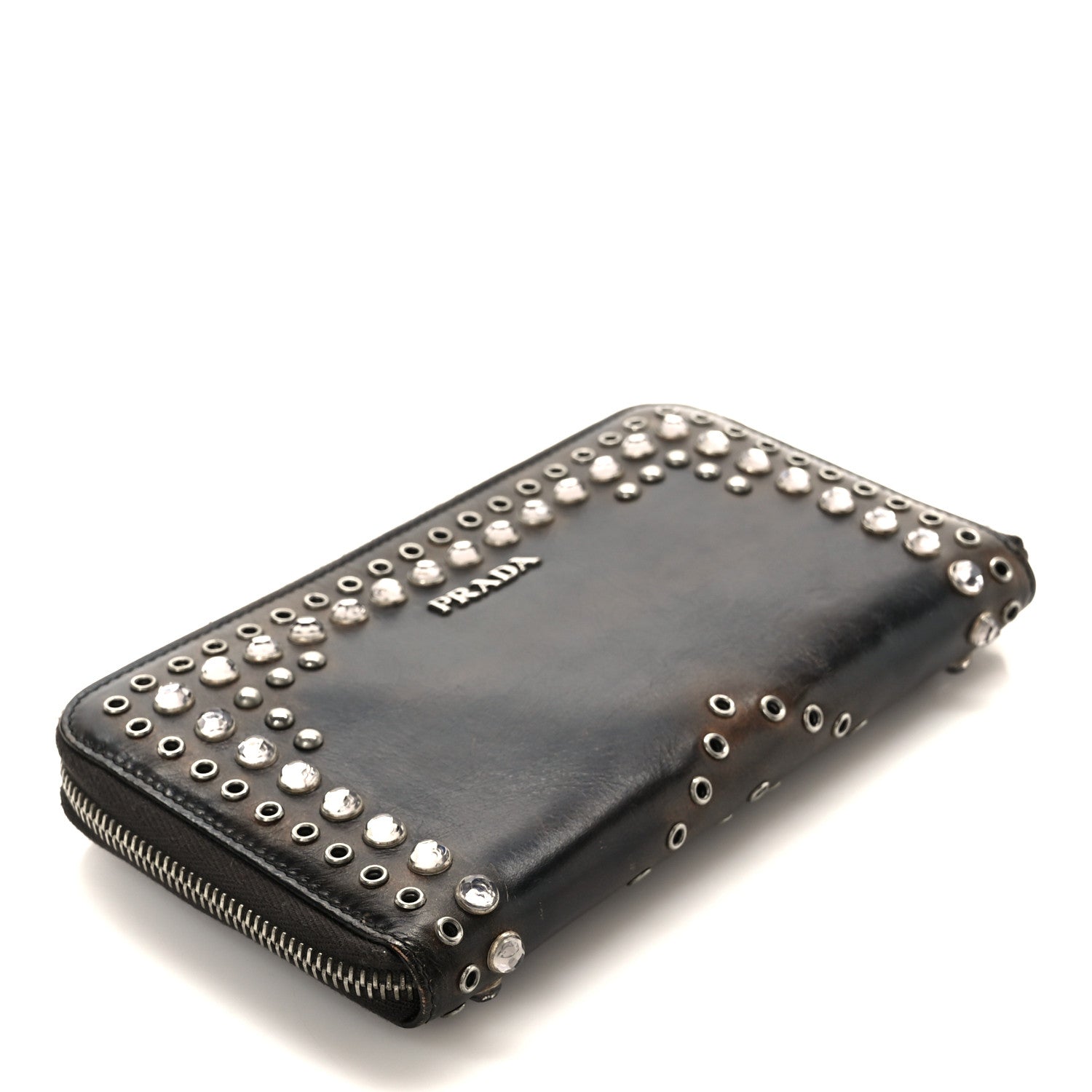 Prada Aged Calfskin Grommet Crystal Studded Zip Around Wallet Ebano 4 of 9