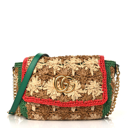 Gucci Raffia Azalea Calfskin Crochet Flower Small GG Marmont Shoulder Bag Natural Ecru Green Red New Shamarock 1 of 15