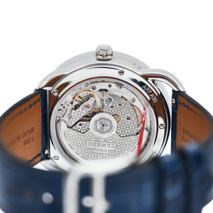 Hermes Stainless Steel Alligator Diamond Blue Sapphire Mother of Pearl 38mm Arceau Petite Lune Automatic Watch Bleu Saphir 4 of 5