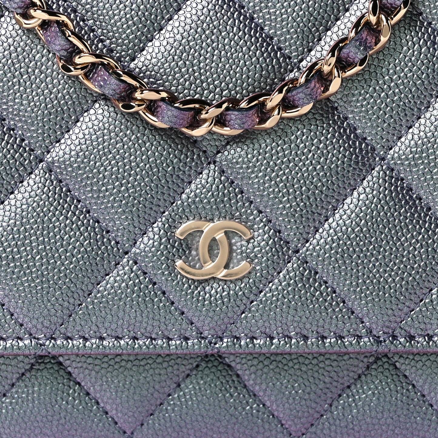 Iridescent Caviar Quilted Wallet On Chain WOC Dark Blue