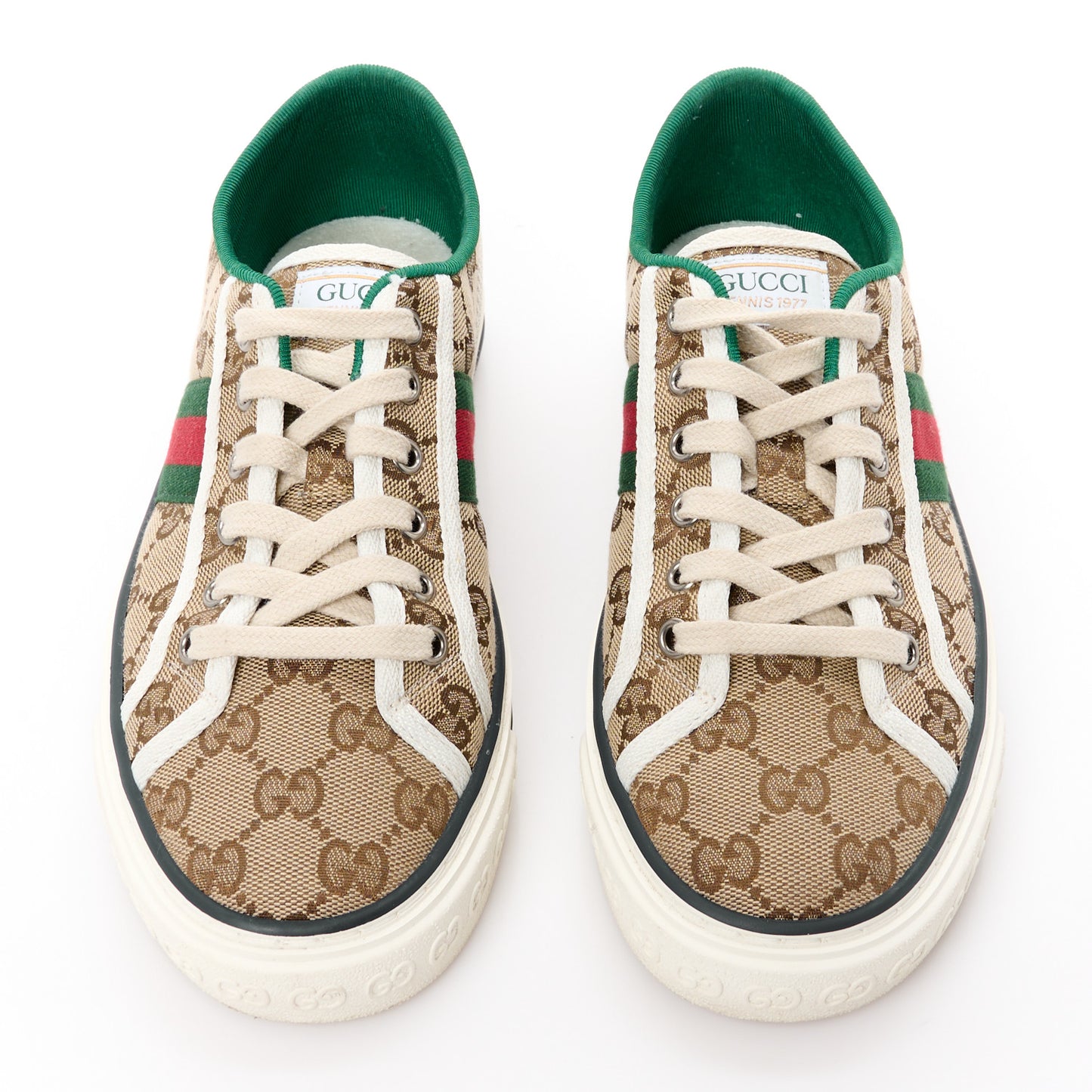 GG Monogram Web Womens 1977 Tennis Sneakers 38.5 Beige Ebony Mystic White