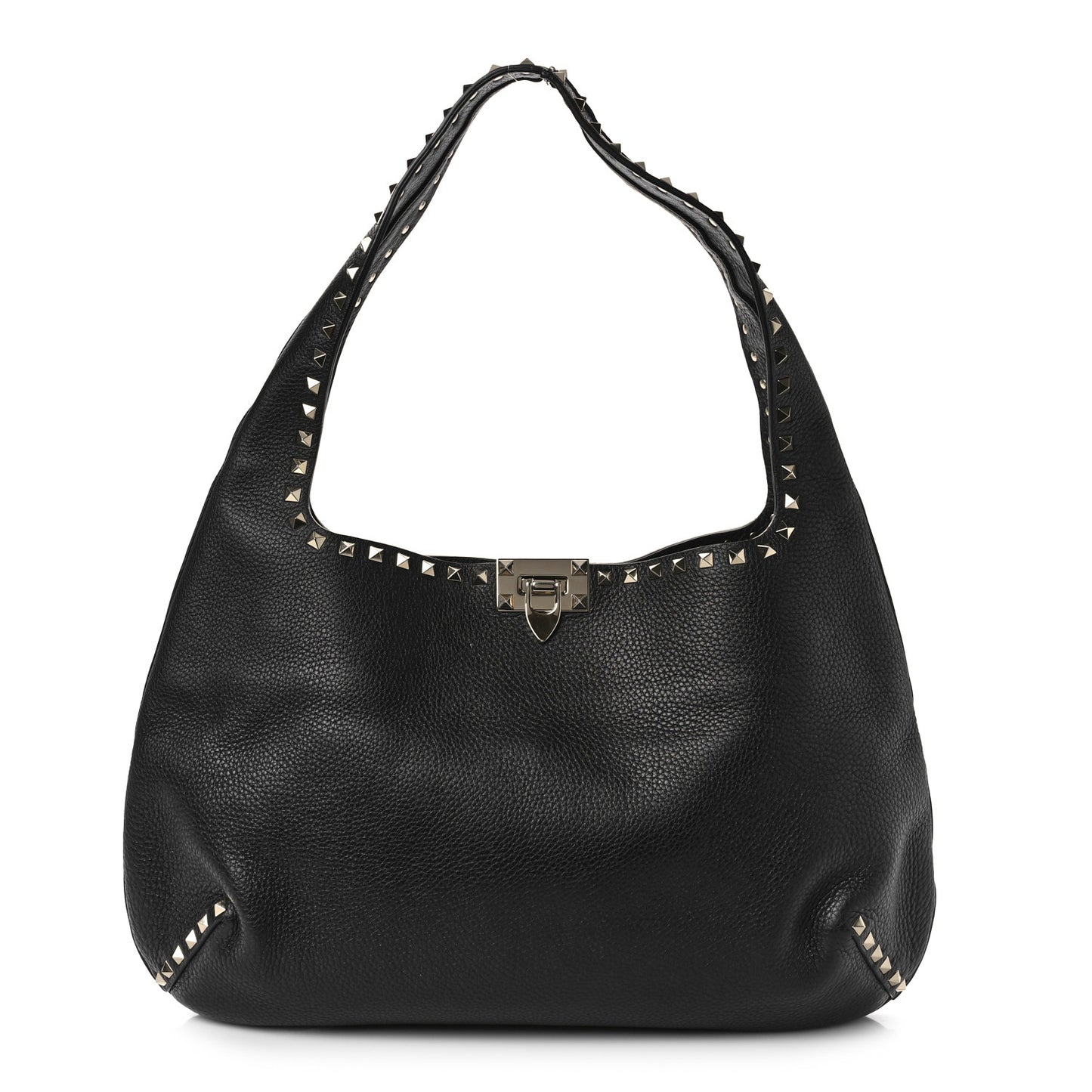 Grained Calfskin Large Rockstud Hobo Black