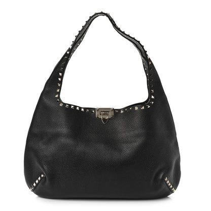 Valentino Garavani Grained Calfskin Large Rockstud Hobo Black 1 of 8