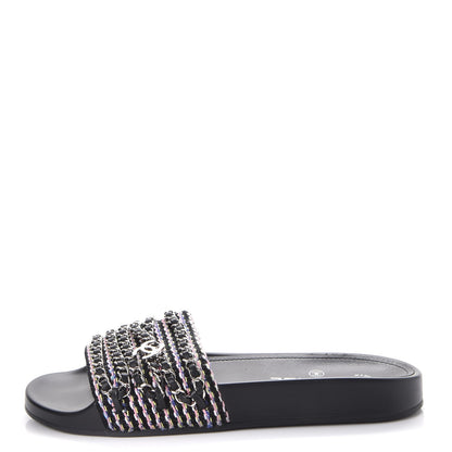 Chanel Tweed Lambskin Chain Flat Sandals 38 Black Multicolor 1 of 8