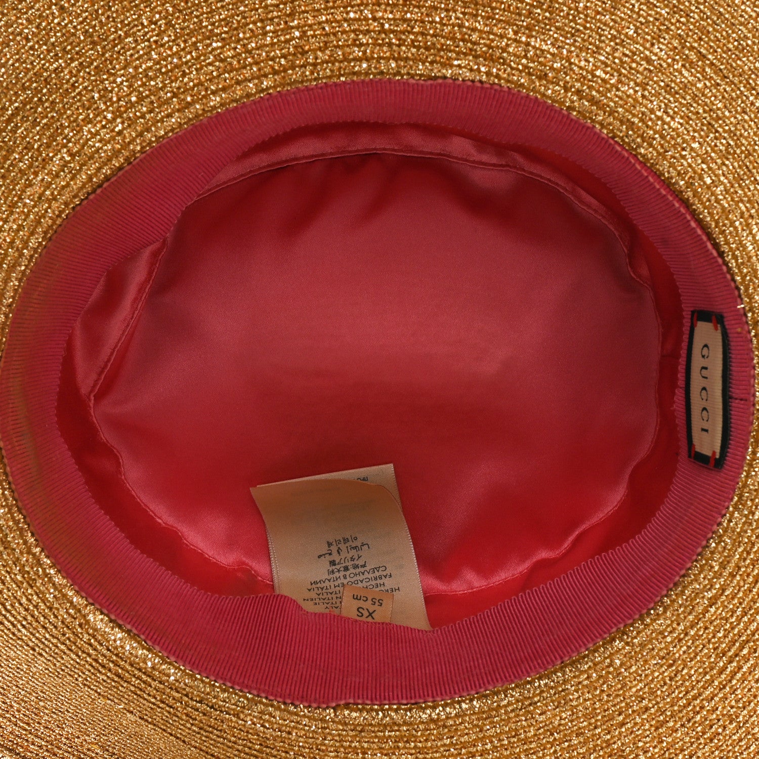 Gucci Glittered Straw Grosgrain Wide Brim Hat XS Gold Black 7 of 11