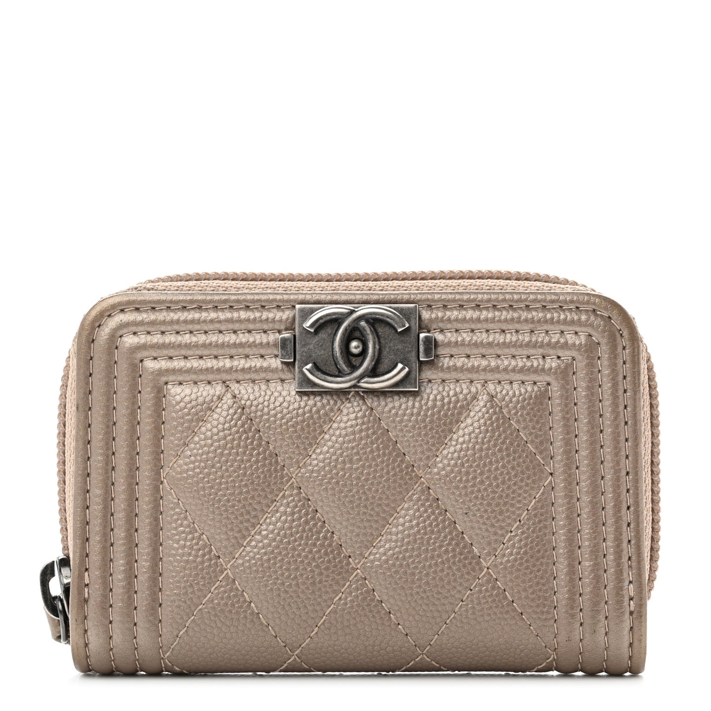 Caviar Quilted Boy Zip Around Coin Purse Wallet Light Gold