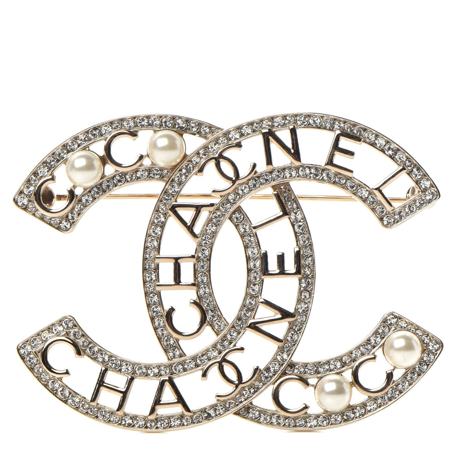 Chanel Crystal Pearl Coco CC Logo Brooch Gold 1 of 6