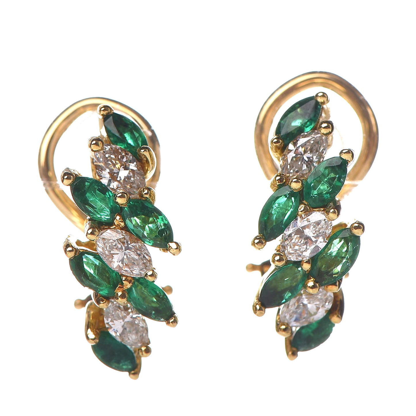 18K Yellow Gold Diamond Emerald Marquise French Clip Earrings