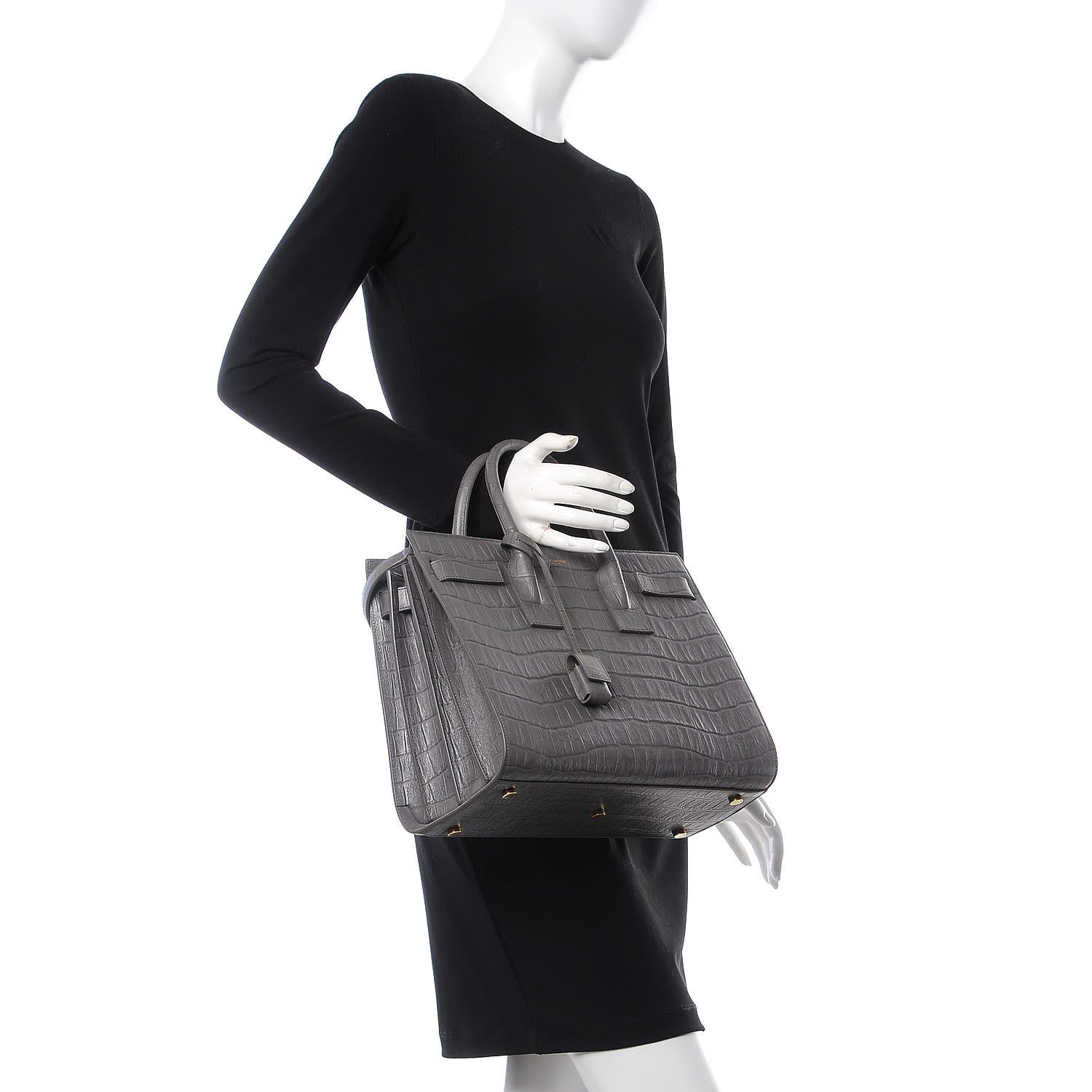 Saint Laurent Calfskin Crocodile Embossed Small Sac De Jour Fog 2 of 8